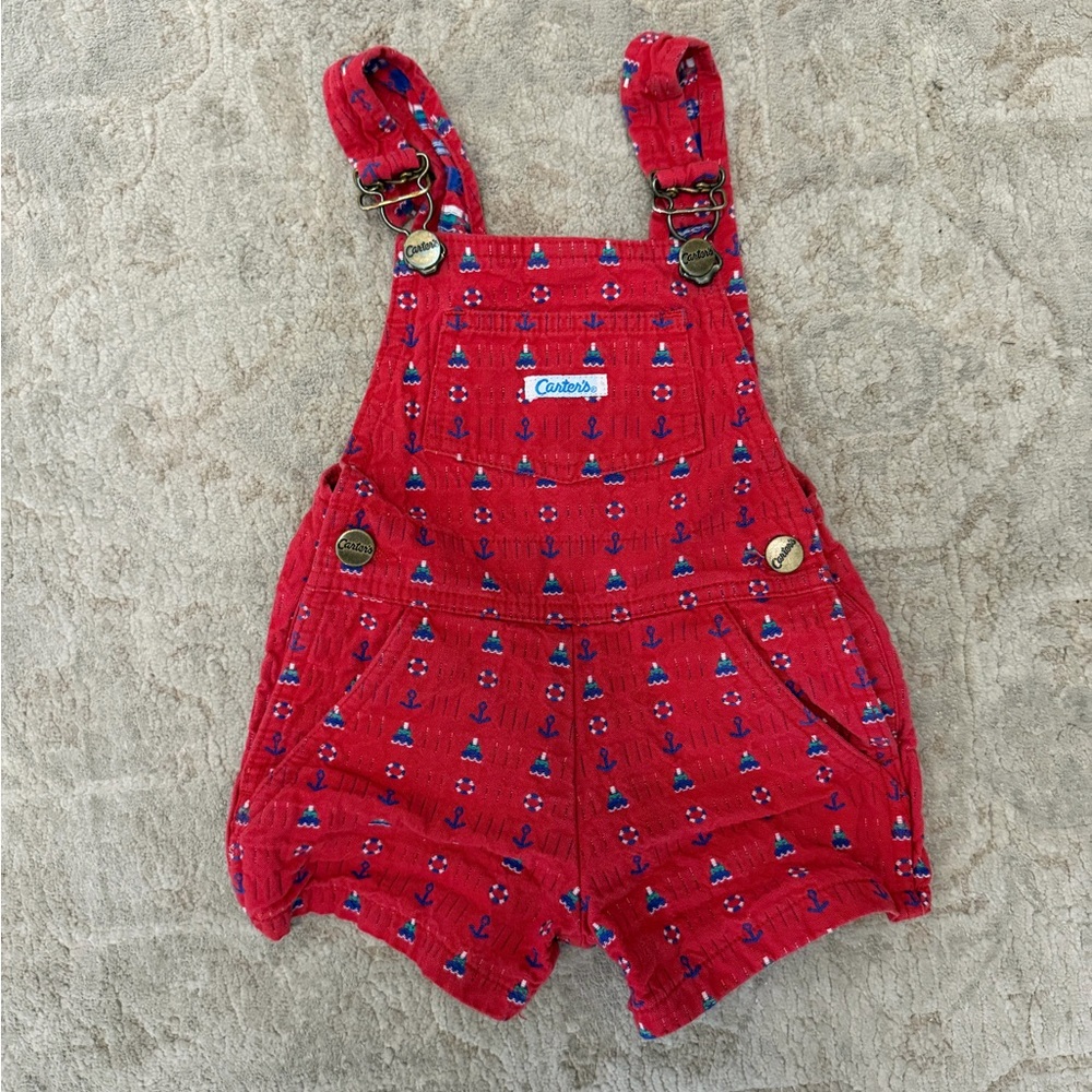 Vtg 12 Mo CARTER Red Blue Nautical OVERALL SHORTS Bib Shortall Tug Boat Anchor